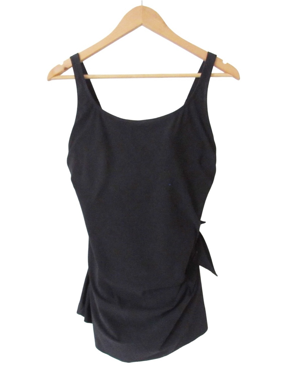 L.L.Bean Black Sarong Tank One Piece Swimsuit 12 D Cup Slimming Shirred UPF 40+